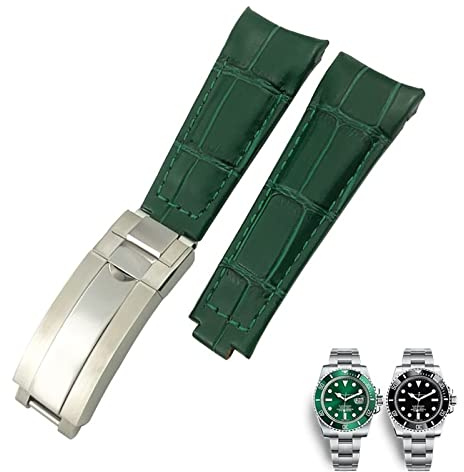 VELORE 20 mm gebogenes Ende, Lederarmband, passend für Rolex 116610 Submariner Oyster GMT Daytona Slide Lock Buckle Rindslederarmbänder(Green,20mm)
