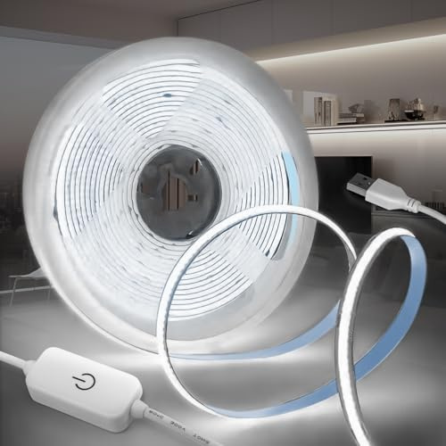 KSIBNW Tira de LED COB USB 5V 3M, Blanco Frío 6000K Regulable Tira de Luz Autoadhesivo Luces LED Habitacion 320LED/M Anchura 8mm Flexible Cortable para Fondos de TV Cocina Fiesta DIY Decoración
