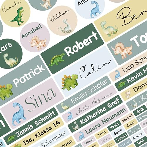 Namensaufkleber Set für Kinder in der Schule (75 Stück), Personalisierte Namensetiketten für Schulsachen, waschmaschinenfest (Dinosaurs Greenery)