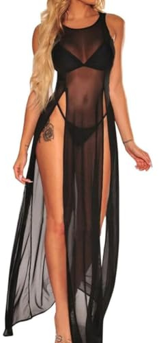 KFLY Abito da spiaggia da donna, costume da bagno, copertura kimono in rete, maxi lungo, poncho da spiaggia, bikini trasparente, spacco laterale, costume da bagno, tunica da spiaggia, per vacanze e