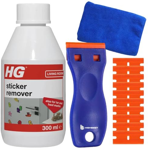 Sticker Remover, Glue & Adhesive Cleaner, Tar & Oil Stain Remover 300ml with HB Plastic Scraper Tool & 10x Plastic Blades | Sticky Label, Adhesive Remover & Car Sticker Remover | HG Sticker Remover