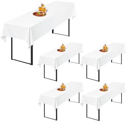 5 Stück Weiß Biertisch Tischdecke universal für 50cm u.70cm Biertische Hussen für Biertisch, Blickdichte Polyester Biertischhussen Biertisch-Husse Rechteckige Tischdecken Waschbar-250x100cm