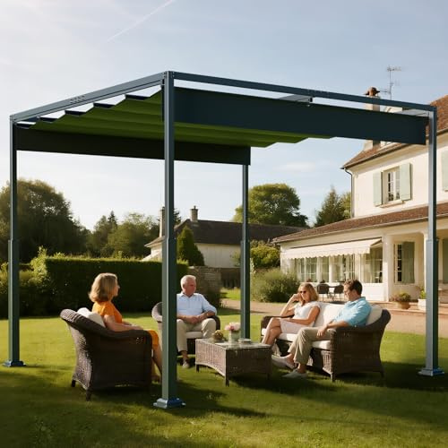 Pergola 3x3m Gartenpavillon Wasserdicht mit Schiebedach, Freistehende Terrassenüberdachung aus Stahlgestell, UV-Beschattung & Sonnenschutz, Winterfest Pavillon für Garten Terrasse Balkon Pool,Schwarz