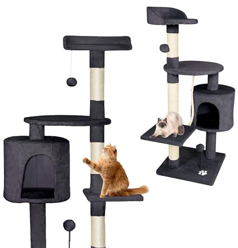 Gaczoo Arbre à Chat Petit 42 cm - Mini Arbre à Chat avec Griffoir en Sisal, Tunnel, Panier, Balle de Jeu et Plateforme - pour Griffer, Jouer et Dormir - Base 35 x 35 cm - Gris foncé