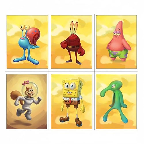 Dekomundo SpongeBob Schwammkopf 6er Poster Set Charaktere | Premium Kunstdrucke Art Stil | Patrick Star, Sandy Cheeks, Thaddäus, Mr. Krabs, Gary | Deko für Kinderzimmer Comic Fans - 6x A4 (21x30 cm)