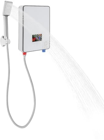 Mqwdxzfes Durchlauferhitzer 6500W, Elektrischer Warmwasserbereiter mit Touchscreen & Duschset, Mini Sofort Warmwasser Bereiter, Wand Kompakter Untertisch Boiler für Bad, Küche, Weiß, 30-55℃