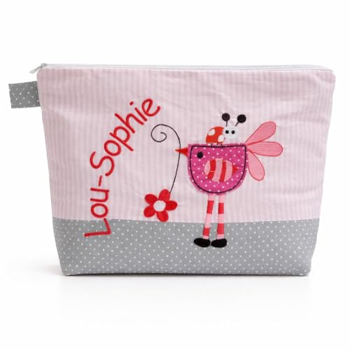 Generisch bestickte Tasche PIEPMATZ + Name //grau - rosa//Kulturtasche Wickeltasche Windeltasche Kulturbeutel Waschtasche Bag 20 Schriftarten Geschenk