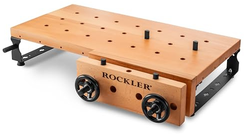 Rockler Handy Bench Portable Woodworking Workbench with Moxon Vise - 16x32 Solid Beech Benchtop, 4x4 Dog Hole Grid - Adjustable Steel Base Brackets, Compact Work Table for Garage or Shop