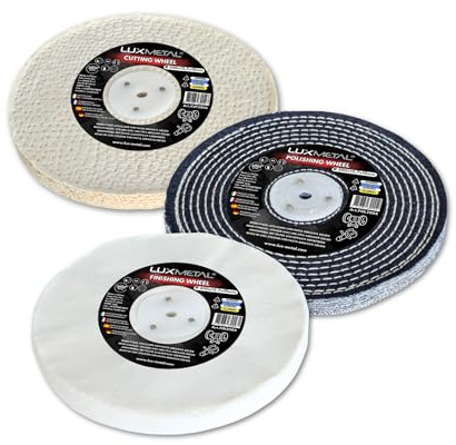 Kit Disco Lucidatura Metalli 200 x 12,7 x 10 mm – 3 Dischi (Taglio, Lucidatura, Finitura) per Mola da Banco con attacco per Mandrino Conico Lucidatura a Specchio Acciaio Alluminio