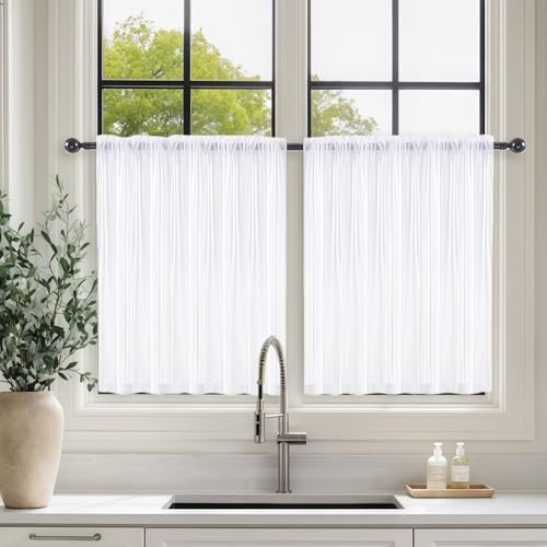 Vordpe Juego de 2 visillos blancos, cortinas de cocina, cortinas de bistró con barra, para baño, caravanas, armarios, ventanas, 76 x 92 cm (ancho x alto)