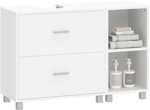 HOMCOM Mobile Sottolavabo per Bagno con 2 Cassetti, Ripiani Aperti, Mobiletto Sottolavabo con Intaglio a U, Mobile Bagno Moderno e Salvaspazio, Adatto a Lavabi senza Colonna, 90x30x60 cm, Bianco