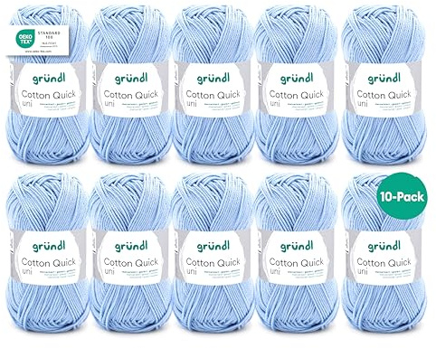 Gründl Wolle Cotton Quick uni Häkelgarn 10 Knäuel 50 g, Himmelblau | dünne Wolle zum Häkeln - Strickgarn - Häkelgarn - Glänzend und hautfreundlich - 100 % Baumwolle - 50 g / 125 m
