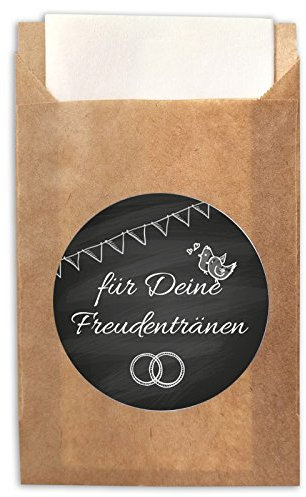 JuNa-Experten 100 Freudentränen Aufkleber + 100 Flachbeutel Geschenk-Tüten Papiertüten für Taschentücher für Hochzeit/romantische Sticker mit Tüten (6,50 x 9,0 +1,4 cm)