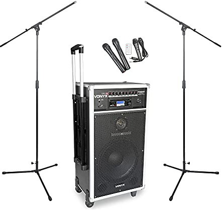 NJS Vonyx ST180 Portable PA System with Wireless Microphones, CD MP3 Bluetooth Battery Powered Speaker, Adjustable Mic Stands, Wireless Sound System for Events, Performances & Churches