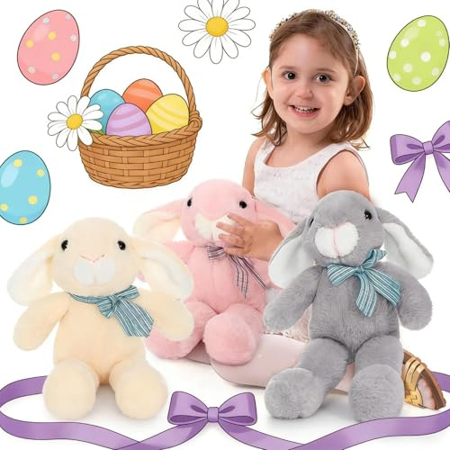 BENINY Easter Bunny Stuffed Animal 14 in Bulk, 3Pcs Cute Stuffed Bunny Rabbit Plush Toys Gift for Girls Kids, Grey/White/Pink