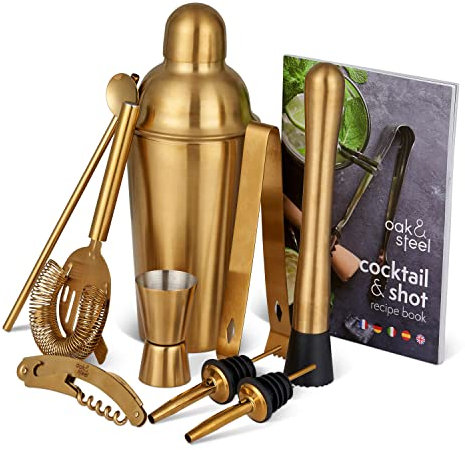 Oak & Steel – 10-teiliges Cocktail-Shaker-Set, professionell, Edelstahl, goldfarben – Barkeeper-Set mit Rezeptbuch Cocktail & Shot