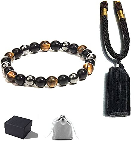 HEFFY Schwarzer roher Turmalin-Kristallstein-Halsketten-Anhänger Turmalin-Stein-Amulett Turmalin-Säulen-Anhänger + Dreifach-Schutz-Armband Hämatit-Obsidian Tigerauge-Stein-Armbänder