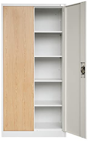 Jan Nowak Aktenschrank C001H Büroschrank Metallschrank Stahlschrank Werkzeugschrank Stahlblech Pulverbeschichtet Flügeltürschrank Abschließbar 195 cm x 90 cm x 40 cm (Weiß-Holzoptik)
