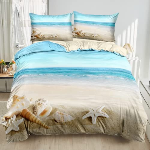 Damier Bettwäsche Set Ozean Bettbezug 155x220cm Meeresstrand 3D-Digitaldruck Bettwäsche-Sets 3 teilig Weiche Mikrofaser Bettbezug mit Reißverschluss und 2 Kissenbezüge 80 x 80 cm