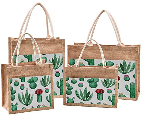Mnsruu Green Cactus Tropical Succulent Plant Jute Tote Bags Women Grocery Shopping Bags with Handles for Outdoor Travel 9.8 x 9.8 x 7.1 inches