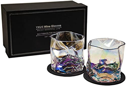 Old Fashioned Whiskey Glasses Set of 2, 10oz Colorful Rock Glasses with 2 Coasters, Couple Whiskey Tumbler Set, Cool Design Cocktail Bourbon Scotch Glasses Gifts for Men, Perfect Whiskey Gifts for Him