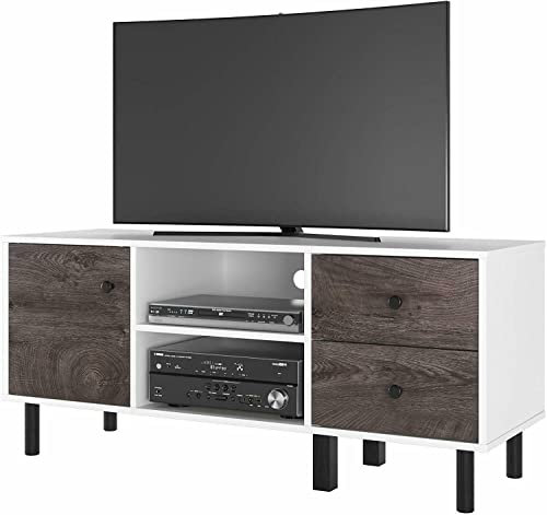 MissFox Moderner TV-Ständer Schrank für Wohnzimmer, Medienkonsolentisch für Fernseher bis 65 Zoll, TV-Einheit aus Holz mit Schränken und 2 offenen Ablagen, Weiß & Braun