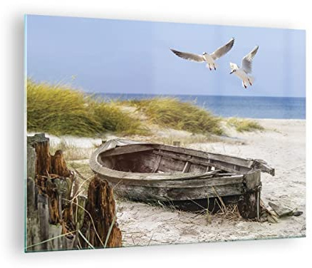 Bilder auf Glas Strand Möwen Łódź Glasbild 70x50cm Wandbilder Dekoration Wohnzimmer Schlafzimmer Küche Deko Klein Wanddeko Bild im Glas Wand Kunstdruck Art Modern Wall Decor Glasdruck GAA70x50-4170