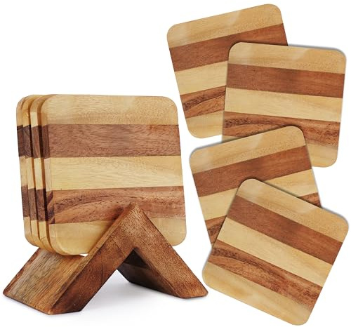 Ajuny Untersetzer Holz mit Halter für Gläser Getränke 4er Set | Tassenuntersetzer Untersetzer Eckig Quadratische Braun Getränkeuntersetzer für Tassen Becher Bierdeckel Tischschoner Küche