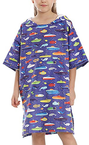 Chickwin Badeponcho mit Kapuze Kind Poncho Handtuch, Kinderhandtuch Strand Schwimmen Bad Kapuzenhandtuch Bademantel Zum Wechseln für Jungen Mädchen (57x74cm,Lila)
