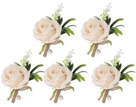 5-teiliges Ansteckblumen- Und Boutonniere-Set, Rosen-Boutonniere, Handgefertigte Blume, Künstliche Ansteckblume, Künstliche Blumenansteckblume, Hochzeit, Anstecknadel Für Braut Und Bräutigam(Beige)
