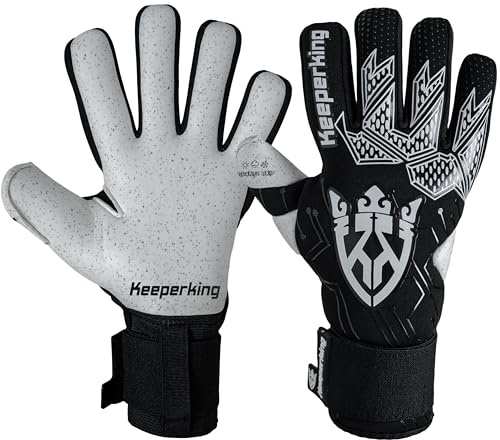 Keeperking Målvaktshandskar för vuxna, fotbollshandskar för män, innersöm, proffsgrepp, 4 mm, fast passform, unisex, Jonior (10, Q-svart-Neg)