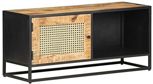 BaraSh TV Cabinet 90x30x40 cm Rough Mango Wood and Natural Cane,TV Stand, Industrial Style TV Table with Open Storage Shelf for Living Room, Entertainment Room, Hallway