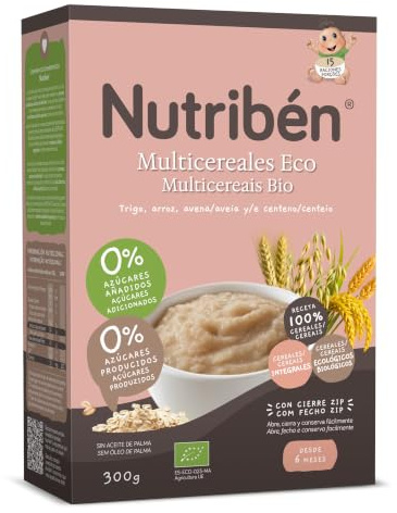 Nutribén EcoPapilla Multicereales | 300 g | Alimento para Bebés a partir de 6 meses | 0% azúcares añadidos | Cereales Ecológicos, Trigo, Arroz, Avena, Cebada y Centeno | Sin aceite de palma