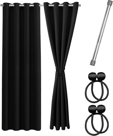 Cozyor Praktisches Set ohne Bohren: 2X Vorhang + 1x Klemmstange Silber 111-200 cm + 2X Raffhalter mit Magnet Blickdicht & verdunkelnd, als Raumteiler, Fenster & Tür Schwarz Thermovorhang 240x135cm