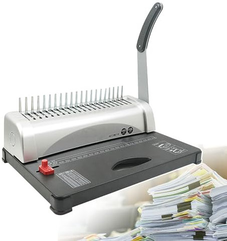 json2xml Kammbindemaschine mit maximaler Kapazität von 450 Blatt und max. 12 Blatt Lochung und Verstellbarer Kantenführung – manuelle 21-Loch-Bindemaschine für Letter-Format/A4/A5