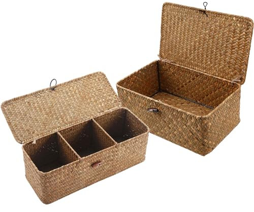 TOOSOAR® 2 Stück Natürliches Gewebt Geflochtener Rechteckig Rattan Korb, Aufbewahrungskorb mit Deckel, Aufbewahrungskorb Geflochten zum Organisieren von Snackspielzeug