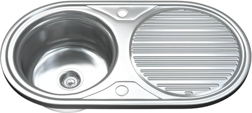 ARA CHOICE Stainless Steel 1.0 Round Kitchen Undermount Sink Catering Single One Bowl Reversible with Drainer & Inset Wastes Set 840x400x160mm