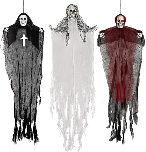 Halloween Hängedeko Skelett-Geister, 3pcs Gruselige Sensenmänner, Gruselige Haus-Fliegendeko für Garten und Hof, Halloween Deko für Draußen
