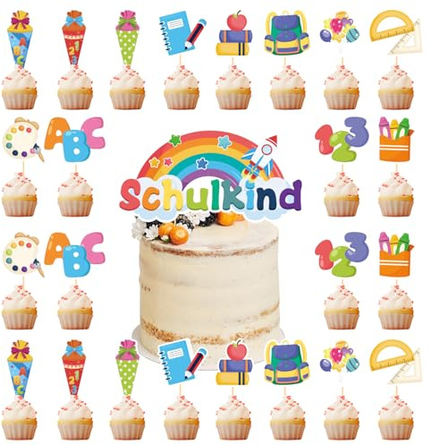 25 Stück Tortendeko Einschulung Schulkind Schulanfang Kuchendeko Zuckertüte Kuchen Deko ABC 123 Ballon Tortenaufsätze Torten Cupcake Muffin Topper für Junge Mädchen
