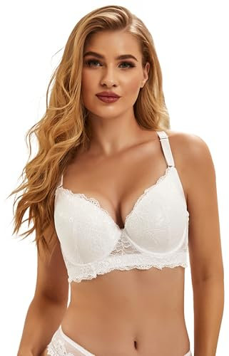 comeondear Womens Minimiser Bras for Large Busts Underwired Plus Size Wide Back Bra for Women UK Support Push Up Padded Bras Lace Balconette Bras Ladies Demi Full Coverage Bras Soft White 38D