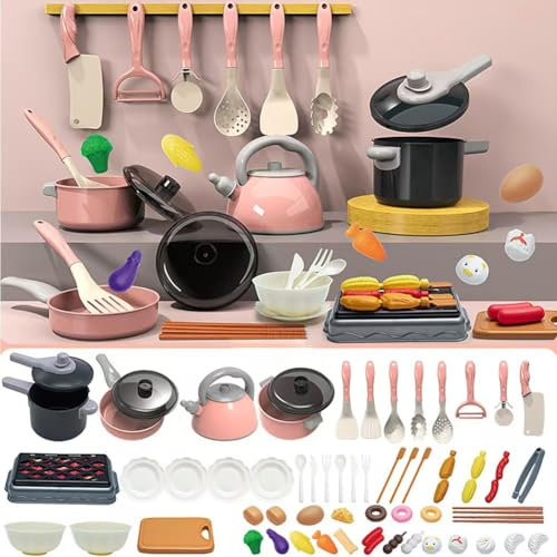 Küchenspielzeug,Spielküche Kinderküche Zubehör,61PCS vorgeben Rollenspiel Kochtöpfe und Pfannen Lebensmittel Mini-Zubehör für Jungen Mädchen Geschenk.
