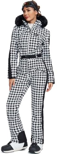 HOTIAN Womens Ski Suits Onesies Snowsuit Jumpsuits Winter Outdoor Sports Waterproof One Piece Snowboard Ski Outfits(Houndstooth-L)