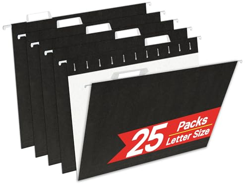 VZCPYTPM 25 Pack Hanging File Folders,Letter Size 8.5x11 Inch,Black Hanging Folders for Filing Cabinet,Reinforced Rods for Smooth Gliding,1/5 Adjustable Tabs & Inserts,Ideal for Home,Office & School