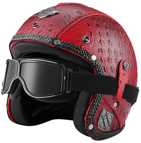 EBAYIN Motorradhelm, Halbhelm Retro Harley Lederhelm Mofa-Helm Motorradhelm 3/4-Helm Jethelm Vintage-Pilotenhelm ECE Zertifiziert Cruiser Chopper Roller mit Schutzbrille,B-L=(59~60cm)