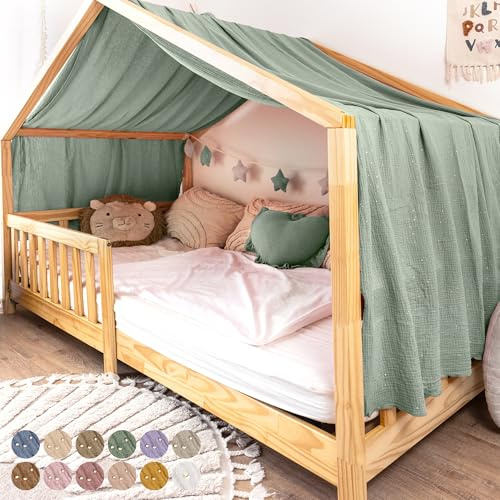 lilimaus Hausbett Himmel mit Gold Applikation [in 12 Farben] Betthimmel Hausbett aus 100% Baumwolle Musselin - Stoffhimmel für Hausbett Deko Mädchen & Jungen - Himmel für Hausbett Kinderbett Vorhang