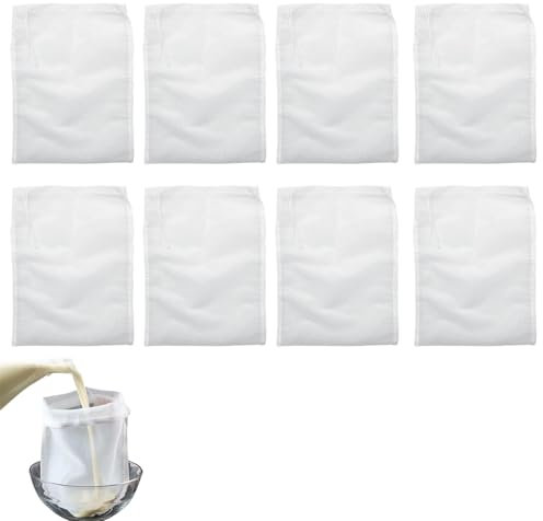8 sacchetti a rete per latte di noci, panni per formaggio, filtri in mussola, sacchetti in rete con coulisse per filtrare succhi, noci, latte, yogurt, caffè, latte di soia (200 e 100 maglie)