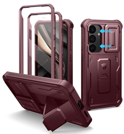 Dexnor pour Coque Samsung Galaxy S25【Double Cadre Avant et Support】 avec CaméRa Coulissante Intégrée & Protecteur d'écran, Coque de Protection Robuste Résistante Aux Chocs - Rouge Magique