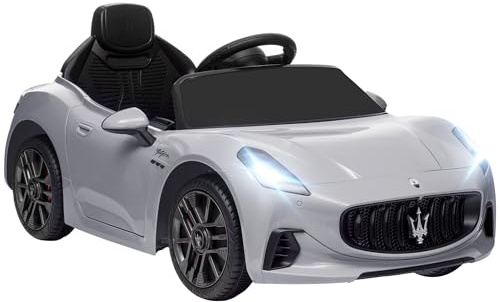 AIYAPLAY Coche Eléctrico para Niños de +3 Años Maserati Gran Turismo Folgore 2 Motores Potentes Coche Eléctrico con Batería 12V Mando a Distancia 2,4G Ruedas Auxiliares Faros Bocina y MP3 Gris
