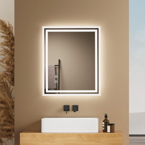 EMKE Badspiegel mit Beleuchtung 60x50cm, dimmbares kaltweißes Licht | Badezimmerspiegel mit Anti-Beschlag-Funktion, Touchschalter, Speicherfunktion, automatische Abschaltung nach 3 Stunden
