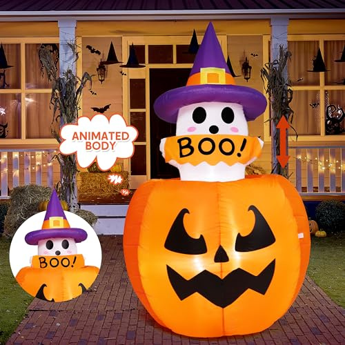 Joiedomi 1,52 m große, animierte aufblasbare Halloween-Dekorationen für den Außenbereich, aufblasbarer Geist auf Kürbis mit LEDs, süßes aufblasbares Kürbisgeist-Dekor für den Außenbereich, Hof, Rasen